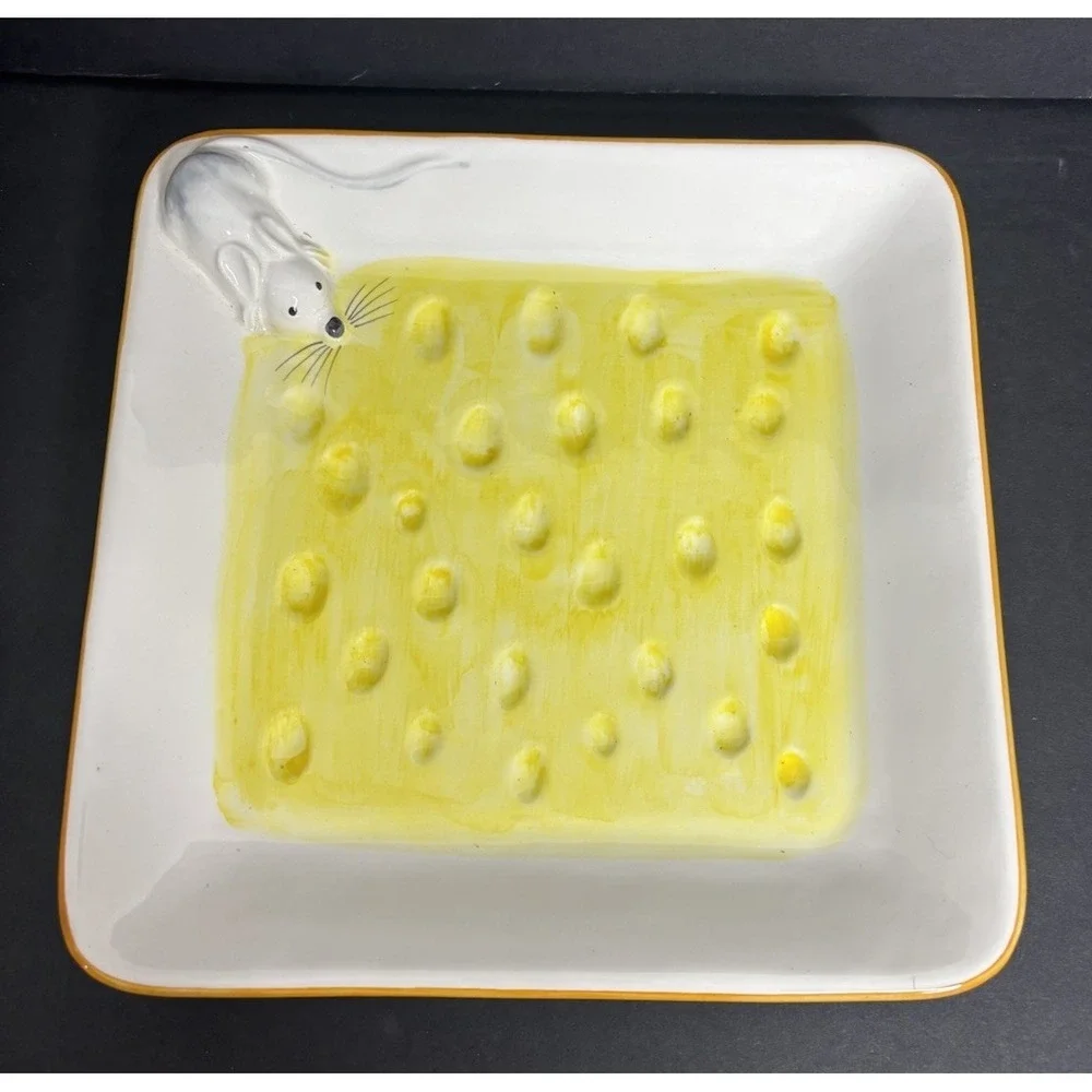 Vintage Cheese Plate Serving Dish Mouse Hand Painted Made in Italy Pottery